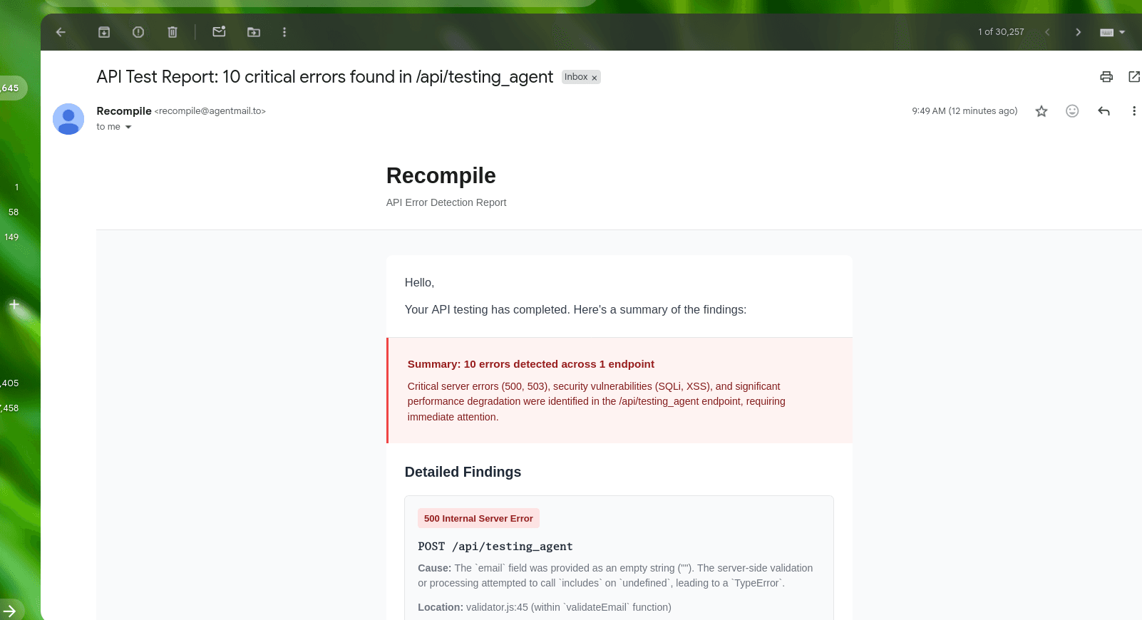 Image of the email Crash Test sent back